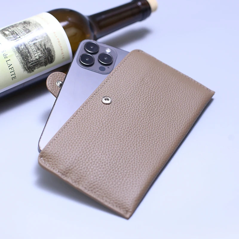 Genuine Leather Women Wallets Luxury Long Hasp Lychee Pattern Coin Purses Female Brand Solid Colors New Thin Clutch Phone Bag
