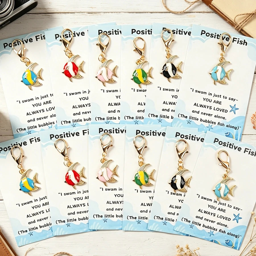 6 Pieces/12 Pieces Cartoon Fish Keychains, with Positive Fish-Themed Cards, Backpack and Key Charm Decorations, Perfect Birthday Gifts for Family and Friends, Universal Holiday Gifts, Fish Decoration Companion Gifts.