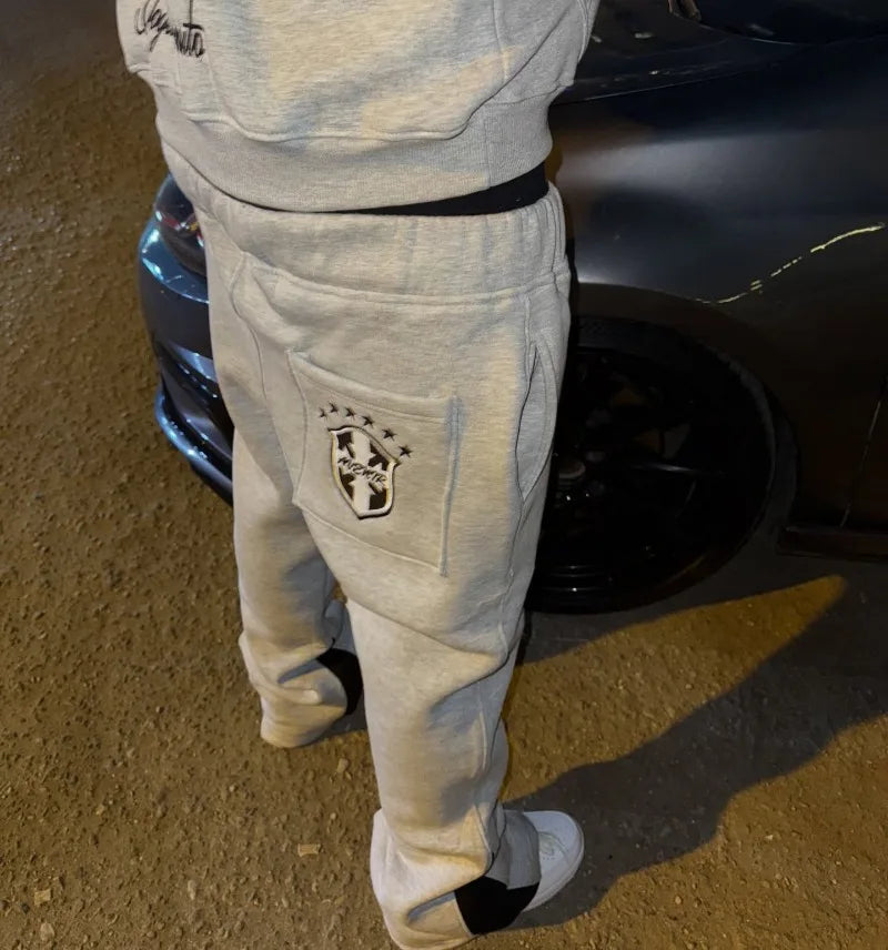 Y2K gray embroidered letters retro pullover hoodie casual American loose wide-leg pants hip-hop fashion high street sports suit