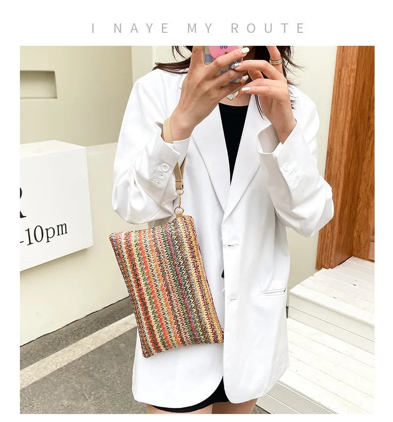 Vintage Hand Woven Clutch Bag Colourful Money Beach Long Bag Handmade Casual Portable Elegant Exquisite for Weekend Vacation