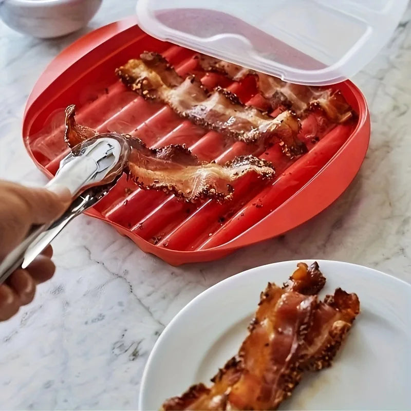 Microwave Bacon Tray with Splatter Lid Safety Quick and with No Mess Pizza Tray in Few Minutes Efficient Food Prep Kitchen Tools