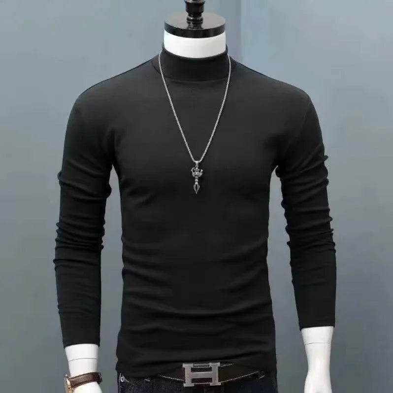 2026 Autumn Winter Men's High Neck T-shirt Slim Fit Fashion High Elastic Long Sleeve Cotton Casual Breathable Apparel Pullover