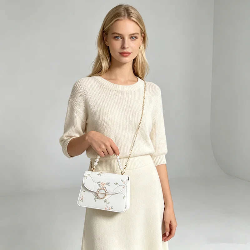 Chic Pearl Handbag for Women Stylish Lace Chain Single Shoulder Bag Synthetic Leather Square Small Tote Bag Women Party Daily