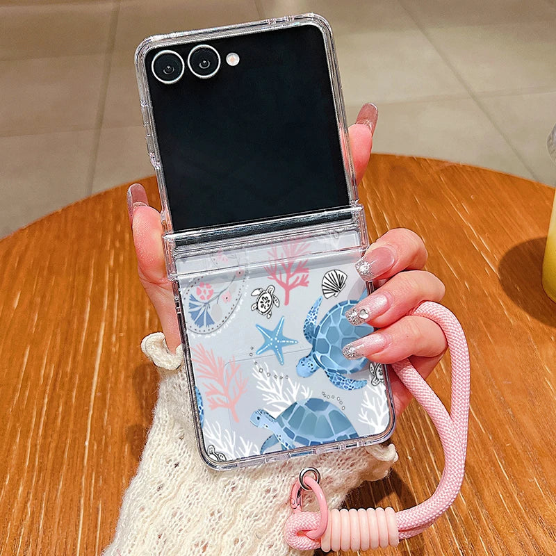 Shark Turtle Print Lanyard Phone Case For Samsung Galaxy Z Flip 8 7 FE 6 5 4 3 5G Folding Hard Clear Cover For Samsung Z Flip7 6