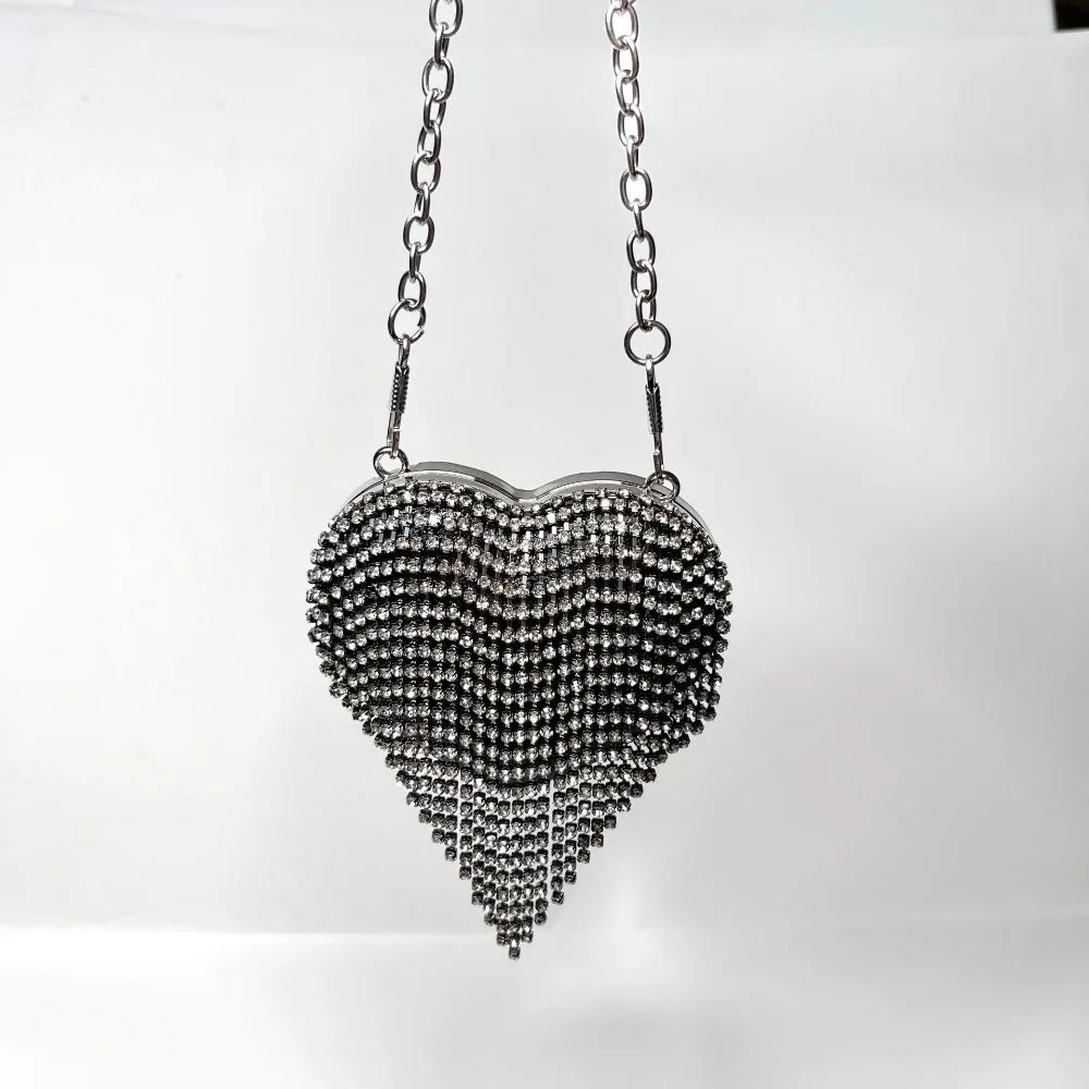 Luxury Rhinestones Ladies Evening Bag Mini Heart Shape Shoulder Bag Portable Handle Rhinestone Handbags Evening Wedding Party