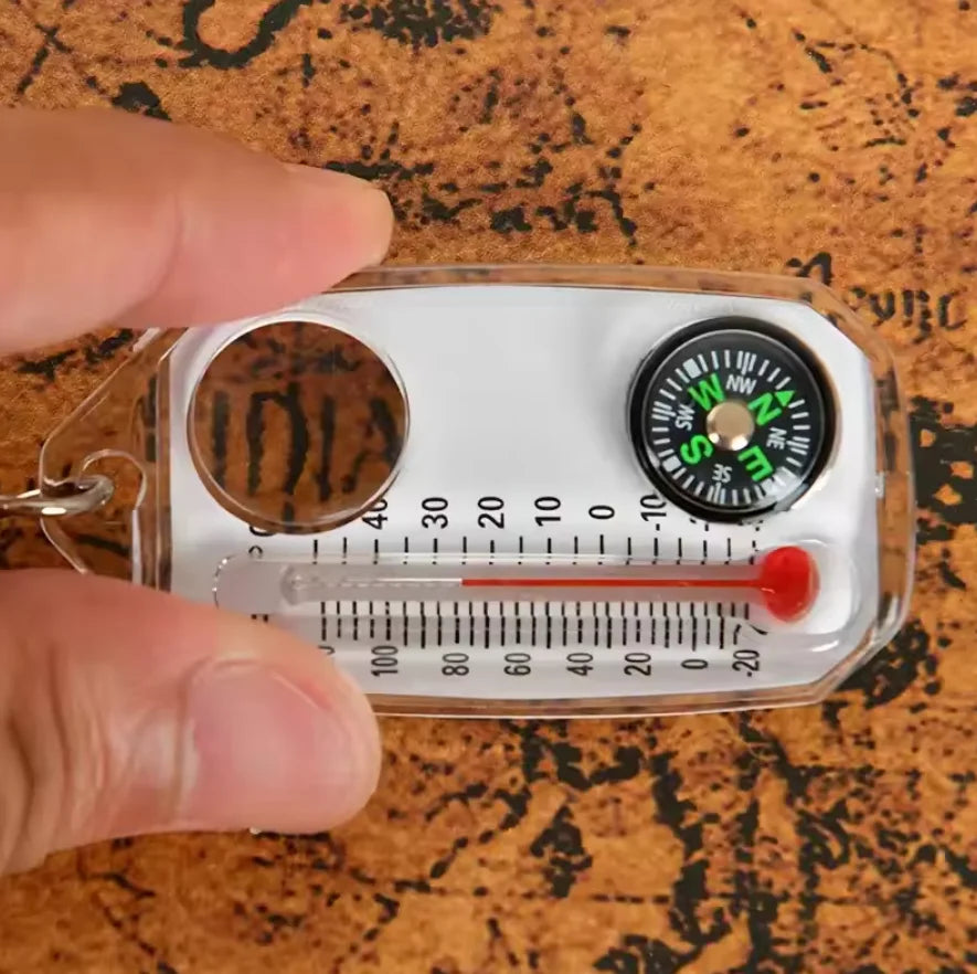 3-in-1 Keychain Compass with Thermometer & Magnifying Glass, Mini Portable Outdoor Camping Survival Tool