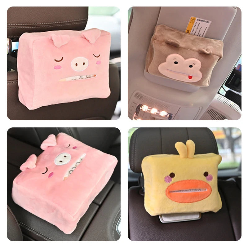 Car Tissue Box Cute Plush Animals Napkin Tissue Paper Holder Portable Drawer Box Car Styling Multi-function Car Supplies Women