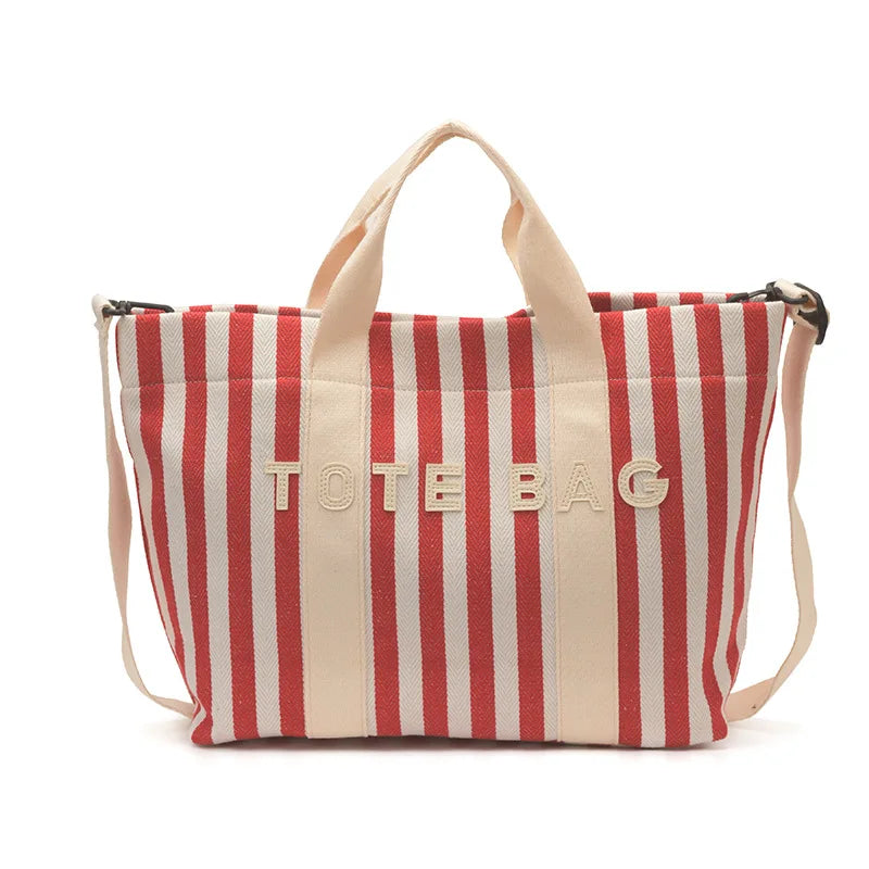 Fashion Striped Contrasting Tote Bag Large Capacity Casual Canvas Shoulder Crossbody Bag Versatile Letter Embossed Women Handbag