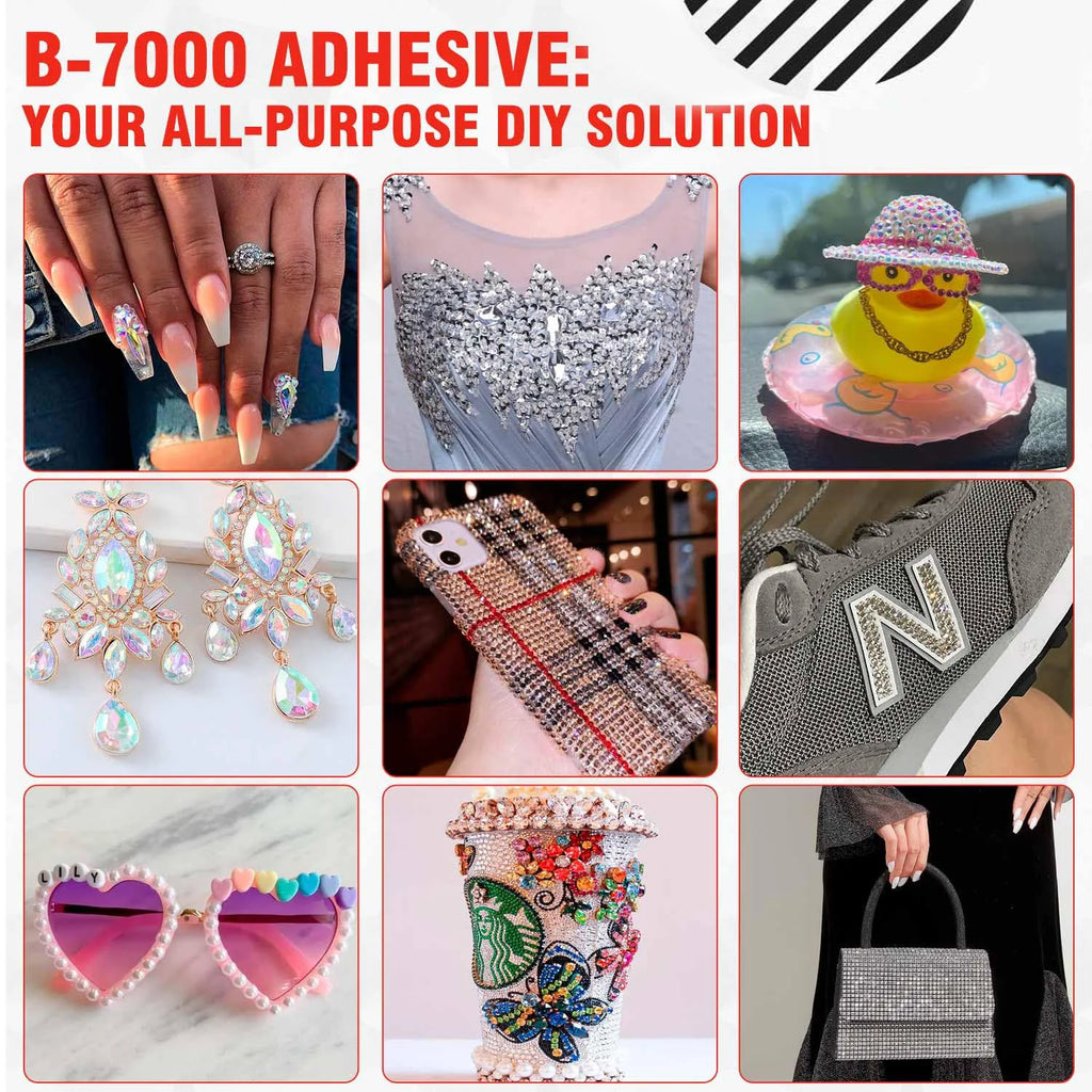 LOOLIFL B-7000 25ml Clear Glue + Nail Art Rhinestone Tools - Precise Tip Adhesive for DIY Manicure, Jewelry & Craft Repairs