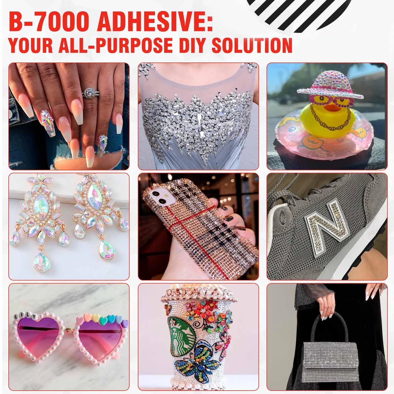 LOOLIFL B-7000 25ml Clear Glue + Nail Art Rhinestone Tools - Precise Tip Adhesive for DIY Manicure, Jewelry & Craft Repairs