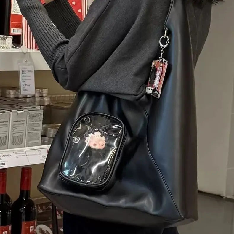 Soft PU Triangle Itabag with Clear Front Pocket -Women Large Capacity Shoulder Crossbody Bag for Anime Dolls & Daily Commute