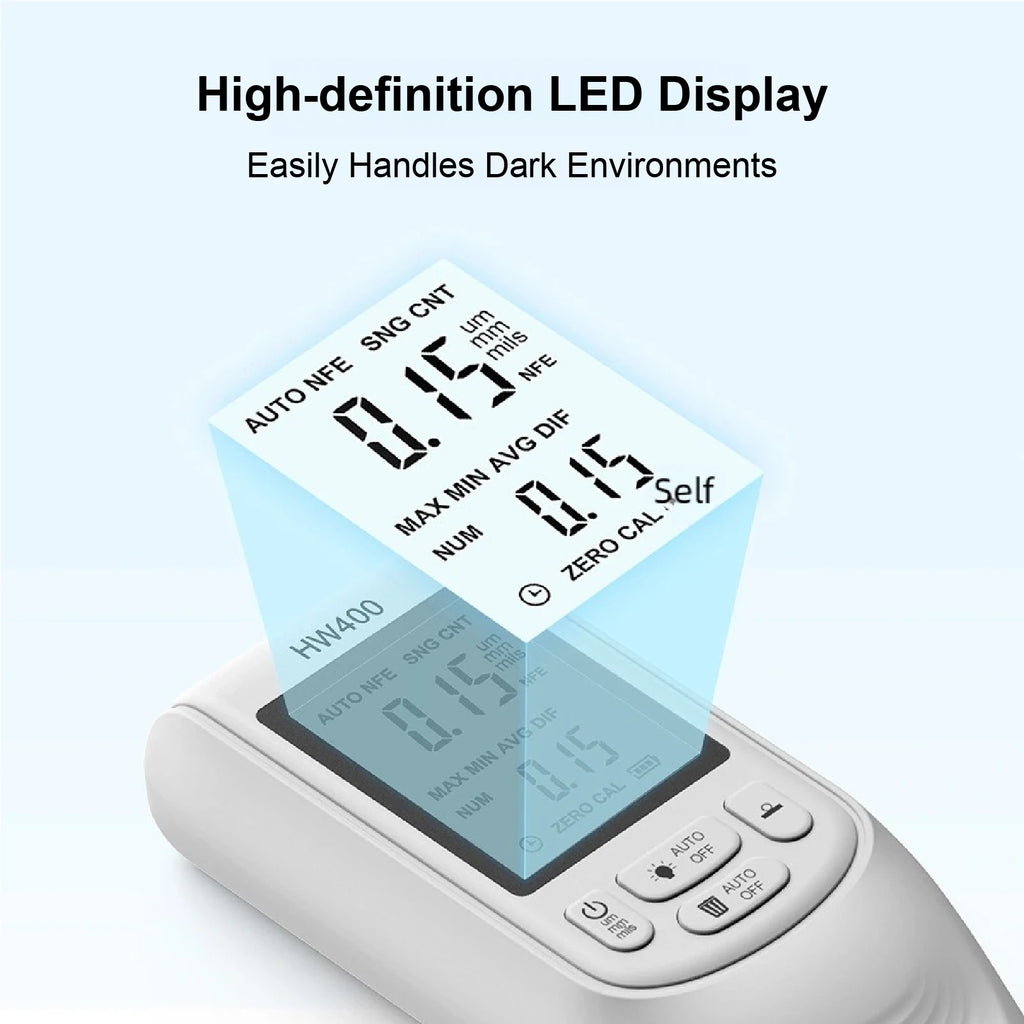 HW400 Handheld Coating Thickness Gauge 0‑2000µm Digital Fe/NFe Paint Film Tester for Car Body Industrial Magnetic Eddy Current