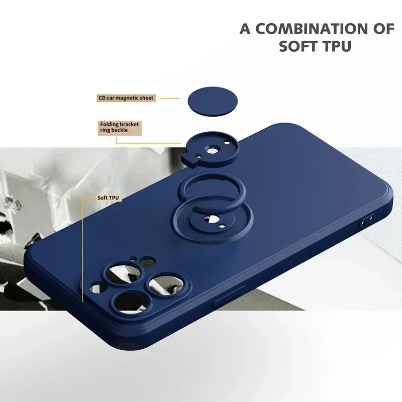 Liquid Silicone Case For iPhone 16 16e 15 13 Mini 14 12 11 Pro Max Plus Phone Holder Ring Stand Protect Cover With Wrist Strap