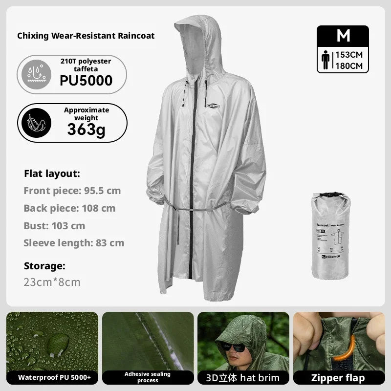 Lightweight Long Outdoor Raincoat PU5000 Waterproof 210T Polyester Poncho Adjustable Hood Fits Backpack Hiking Camping Fishing