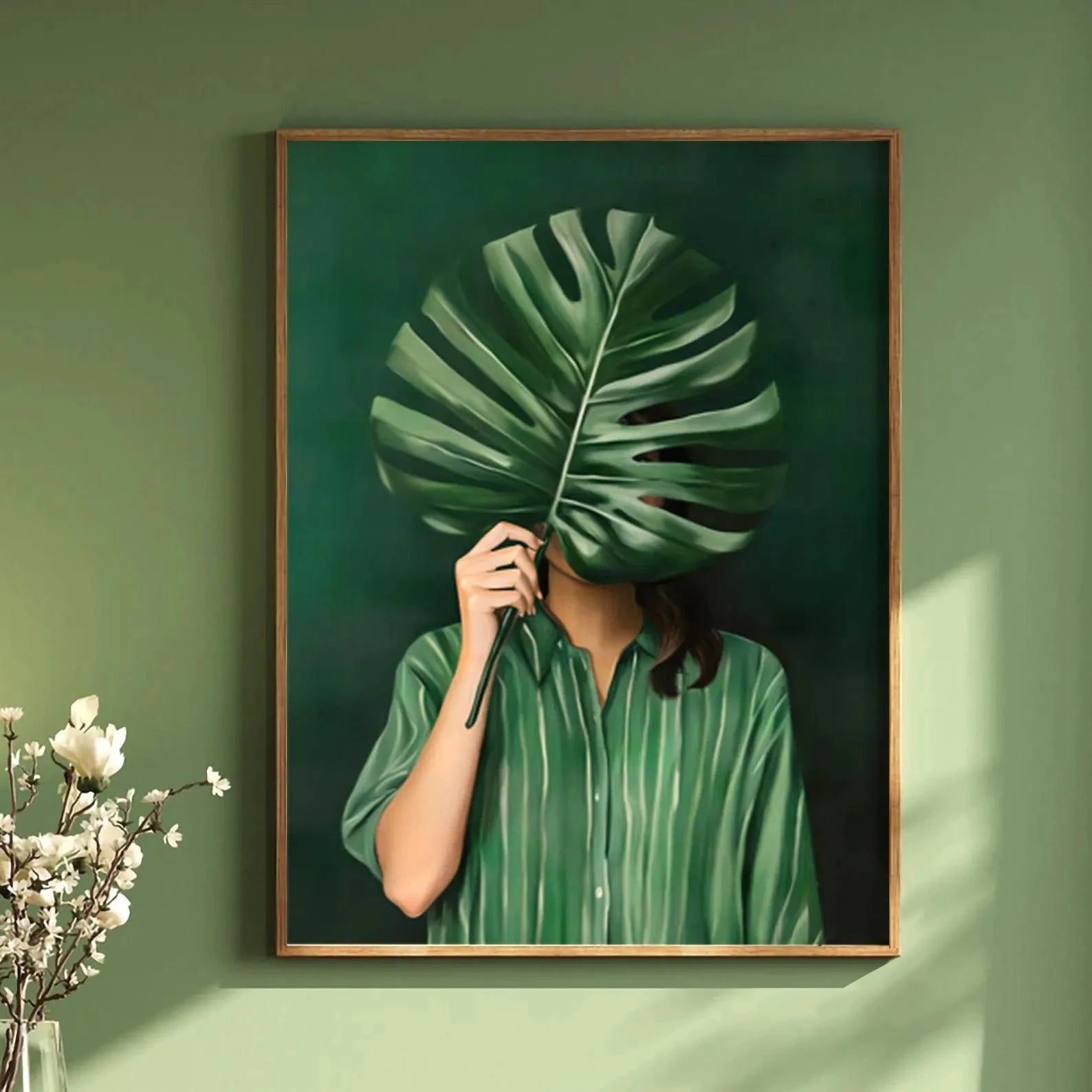 Green Abstract Figures Canvas Print with Flower Woman Minimalist Japandi Female Portrait Art Poster for Modern Living Room Decor