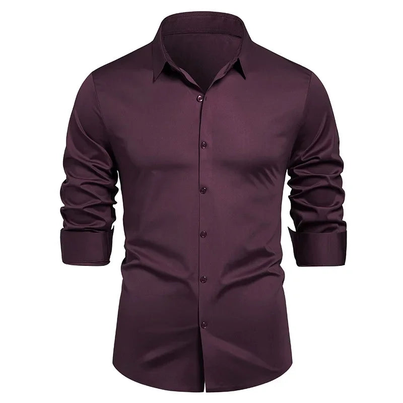 High-end Formal Work Shirts Men Spring Autumn Long Sleeve Elastic Shirt Anti-wrinkle Free Ironing Business Comfort Slim Workwear