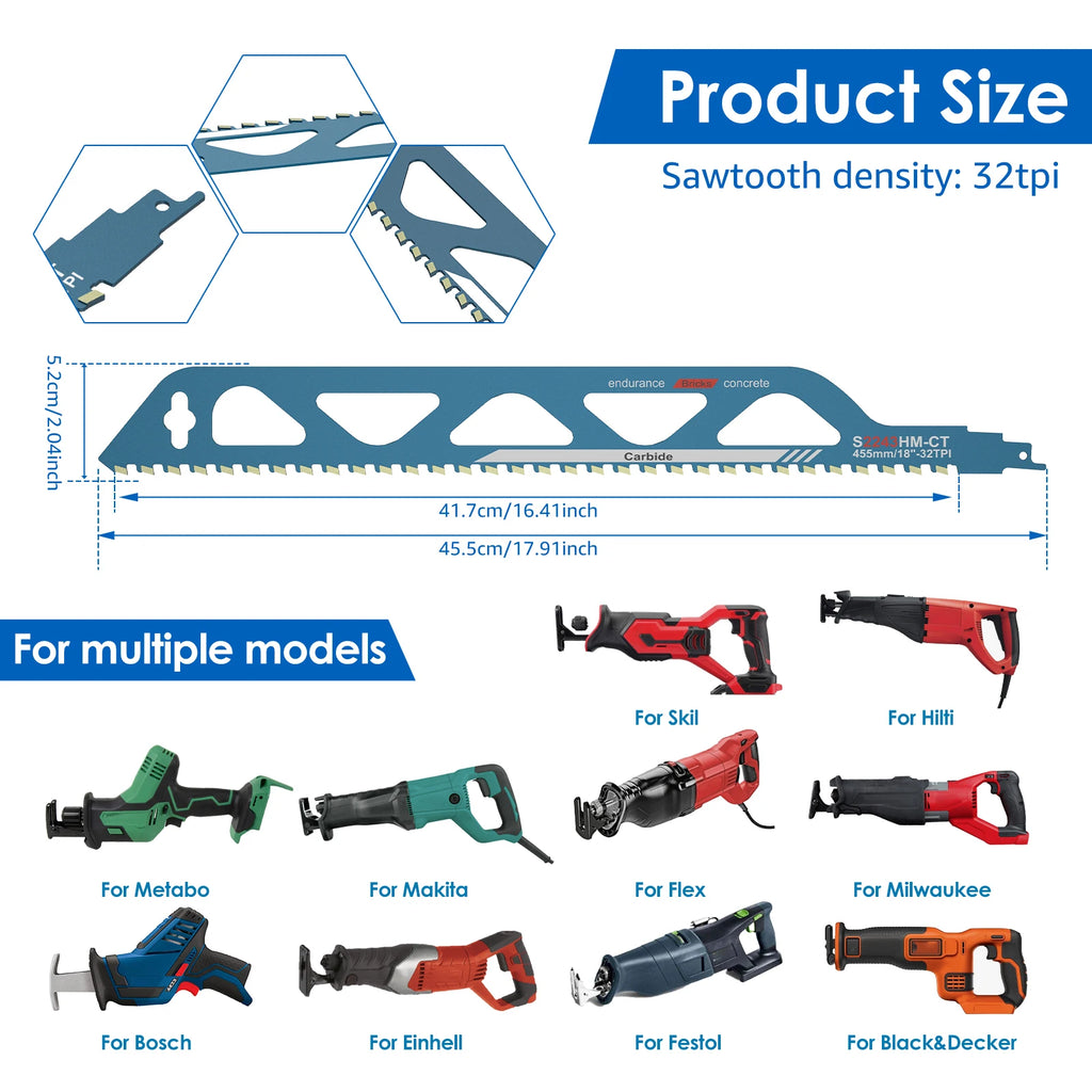 Reciprocating Saw Blade 10/12/18/20inch Carbide Sawzall Blades for Cutting Aerated Concrete, Concrete Block, Brick, Hand Tools
