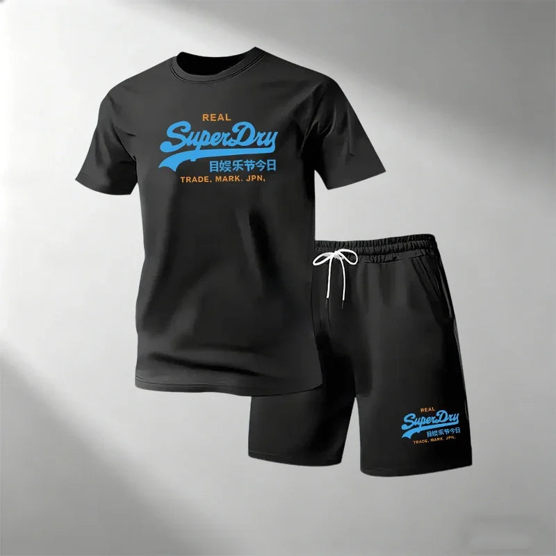 Summer Street Fitness Men's T-Shirts Sets Short Sleeve T-Shirt + Shorts Quick Dry Breathable Round Neck Running Suit Hot Sale
