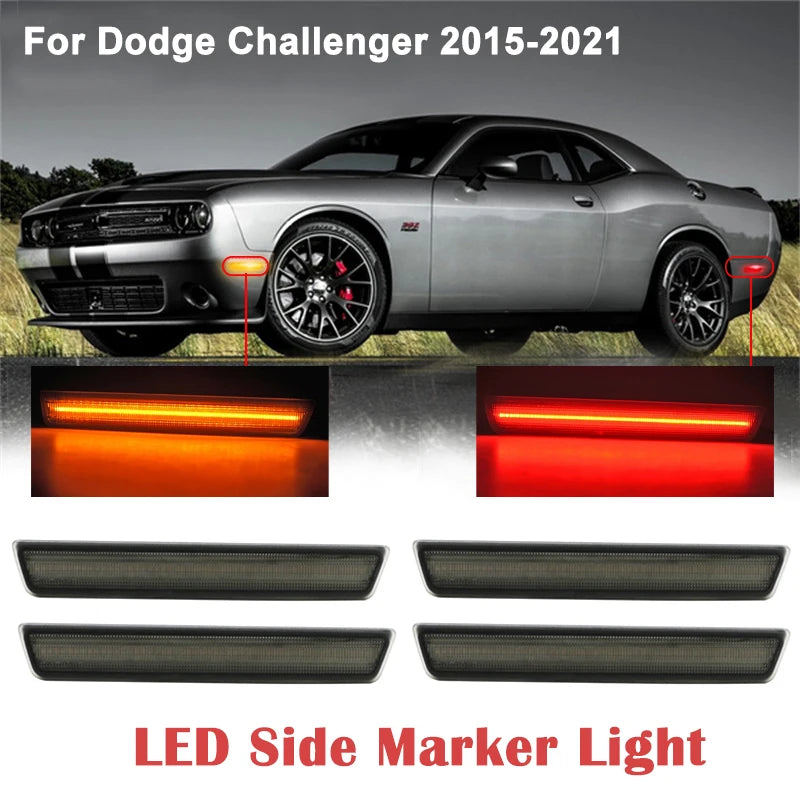 2pcs Front and 2pcs Rear LED Side Marker Lights Smoked Shell Turn Signal Lights for Dodge Challenger 2015-2021