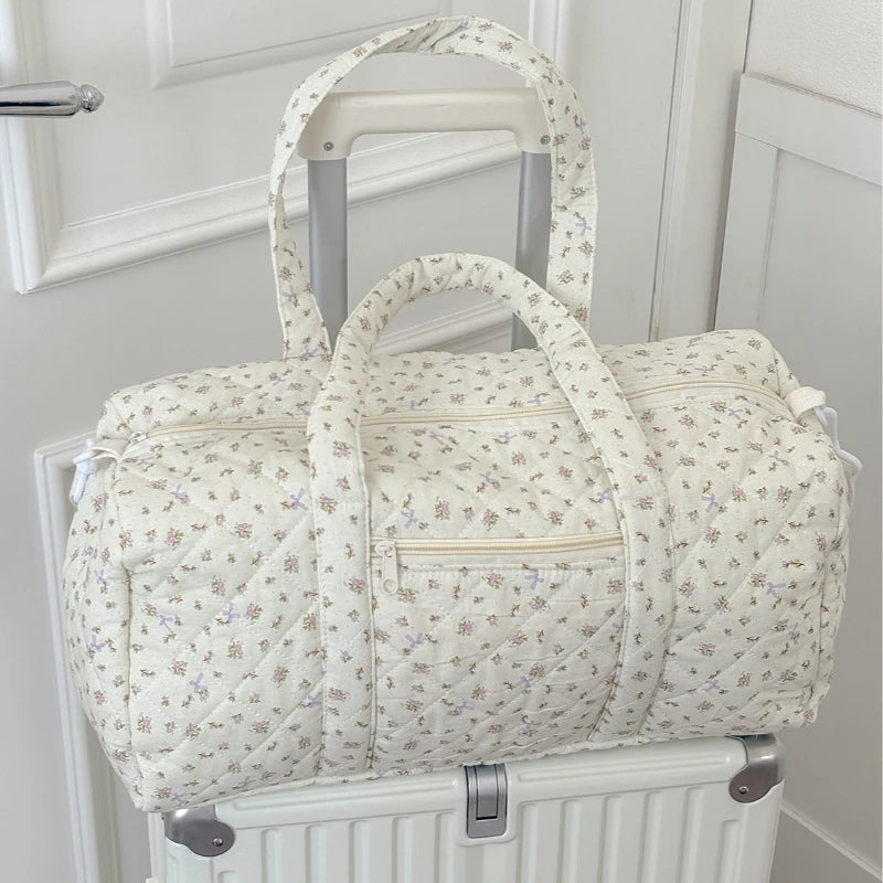 Tiny Floral Quilted Duffle Bag with Luggage Sleeve,Detachable Shoulder Strap Soft  Large Capacity Handbag for Women Short Travel