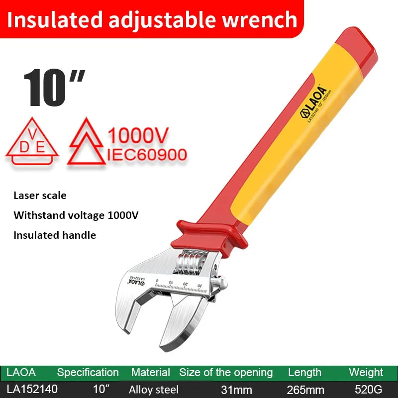 LAOA VDE Insulated Adjustable Wrench 6inch /8/10/12 inch 1000V Universal Spanner Electrician Maintenance Handle Hand Repair Tool