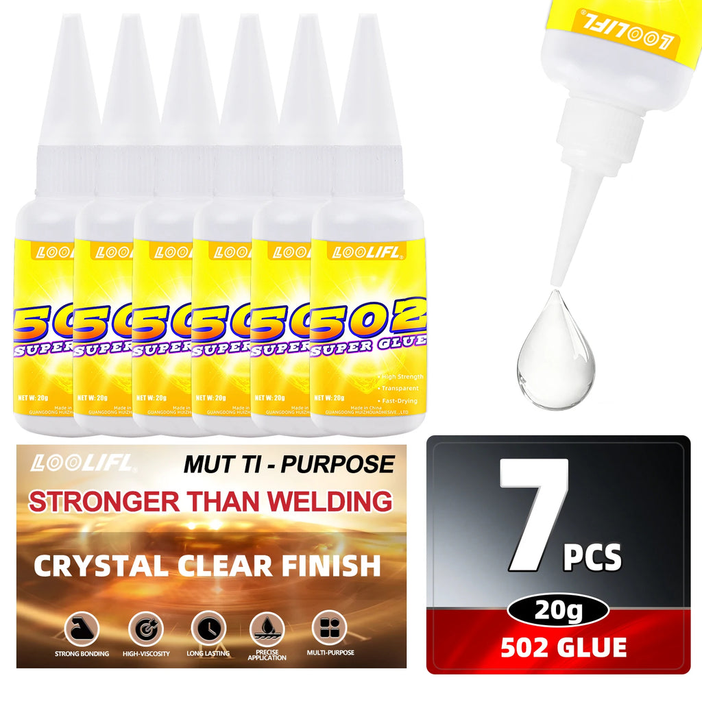Loolifl 1-7Pcs 20ml 502 Quick-Drying Instant Super Glue Cyanoacrylate Strong Bond Adhesive For Home Office Industrial Repair Materials Adhesive Leather Rubber Wood Metal Strong Bond Liquid Glue Tool