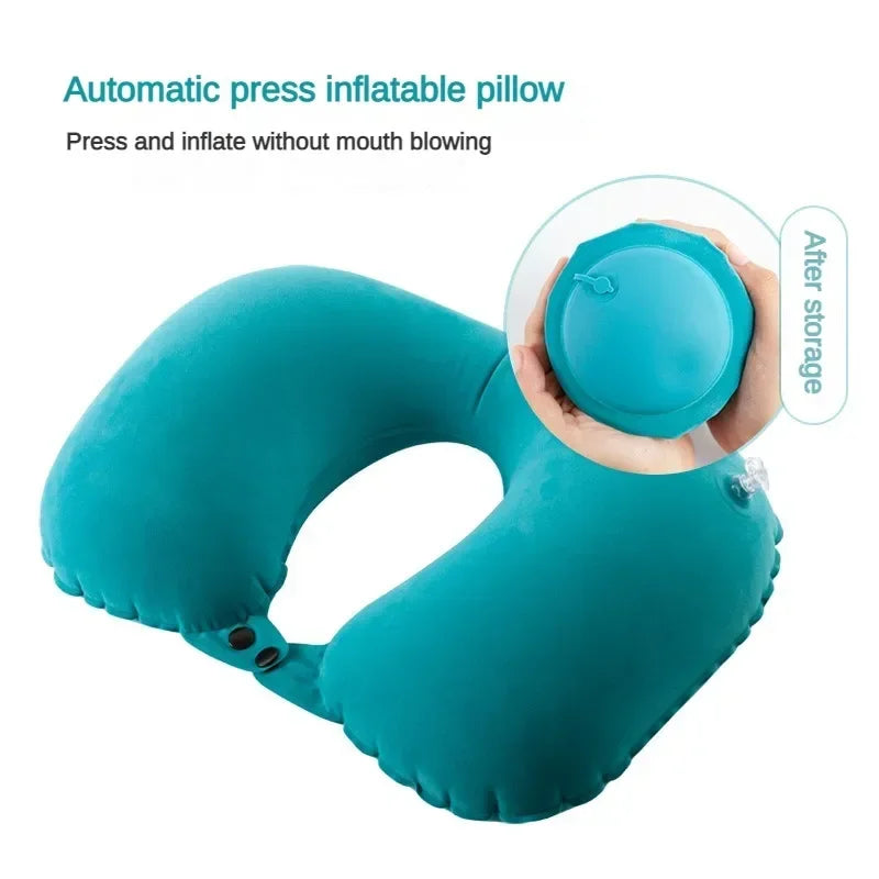 Car Portable Neck Protection U-shaped Compression Inflatable Pillow, Outdoor Nap, Camping, Travel Flocking PVC Airplane Pillow