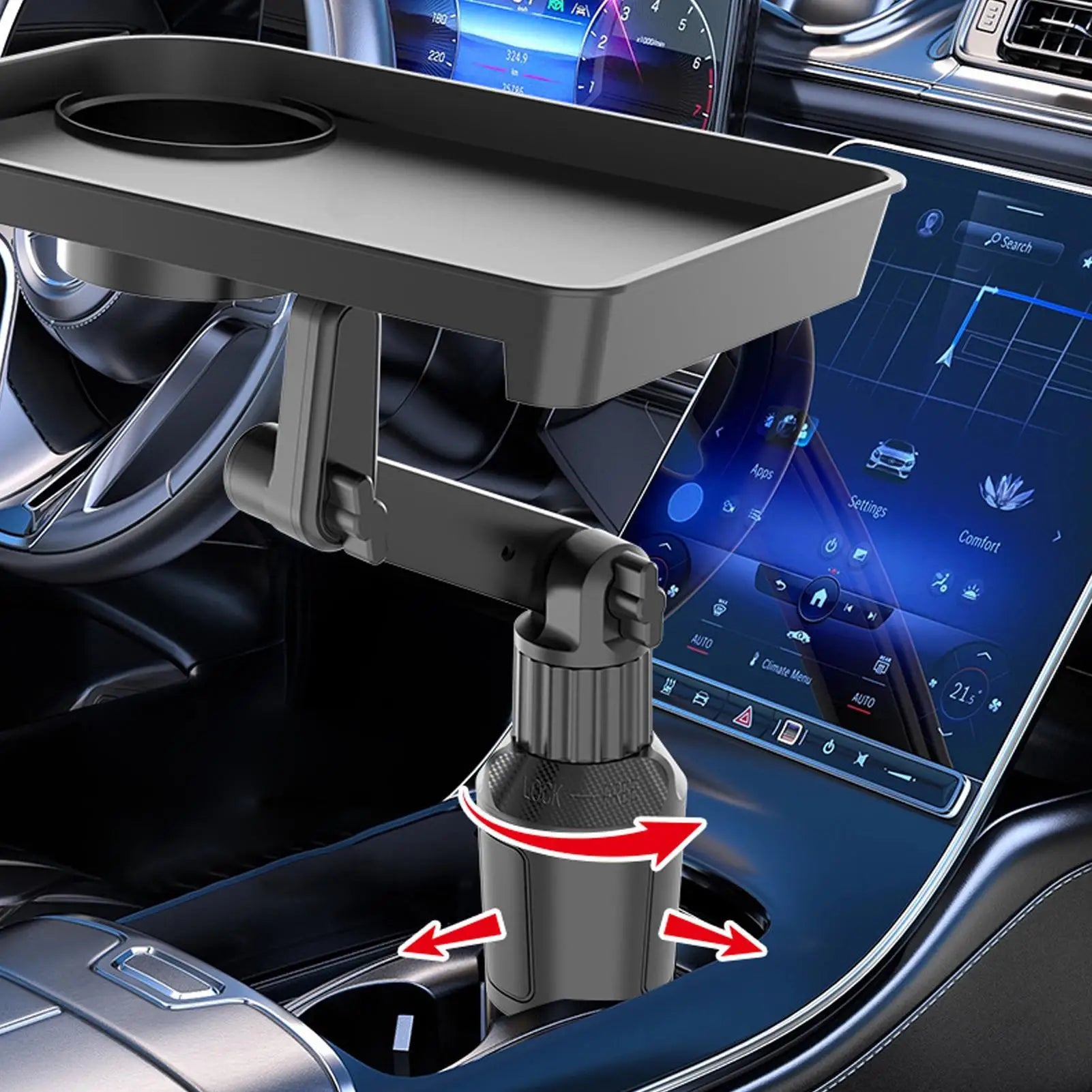 Car Cup Holder Expander Drink Holder with Food Table 360 Degree Adjustable Base Tray for Snack Rotatable Tray Bracket