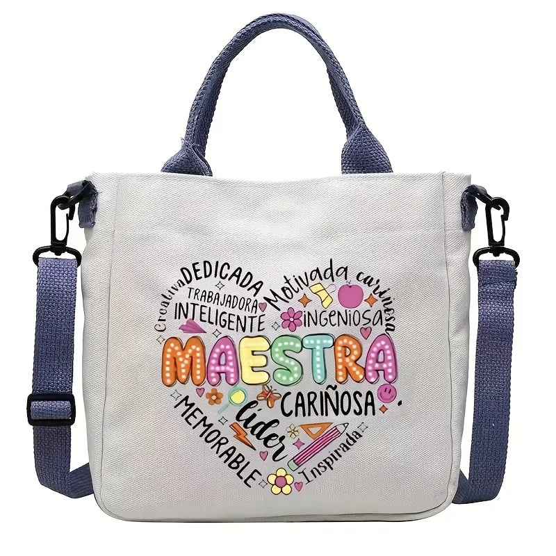 Maestra Printed Canvas Tote Bags with Adjustable Strap Casual Shoulder Bag Perfect Gift for Teachers and Friends, Teacher's Gift