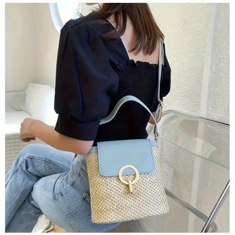Woven Beach Crossbody Bag, Multi-Functional Adjustable Shoulder Strap, Golden Lock, Suitable For Vacation And Casual Daily Use, Brown/Black/White/Light Blue High-Quality Decorative Travel Handbag