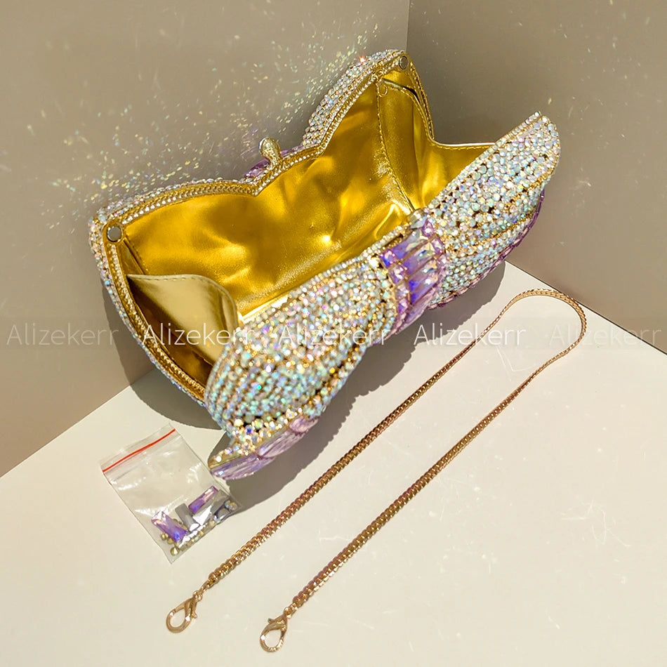 Alizekerr Bow Crystal Evening Bags Women Luxury Designer Boutique Metallic Rhinestone Clutch Purses And Handbags Wedding Party