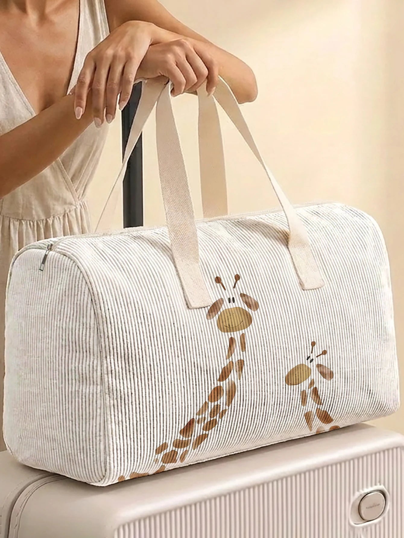 1pc, Two styles, Cute Giraffe Printed Corduroy Duffle Bag Portable Handbag suitable for Weekend Trip Sports Shopping