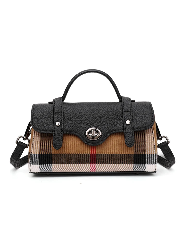 Women's New Style Summer Trendy Casual Versatile Canvas Plaid Small Square Genuine Leather Crossbody Bag