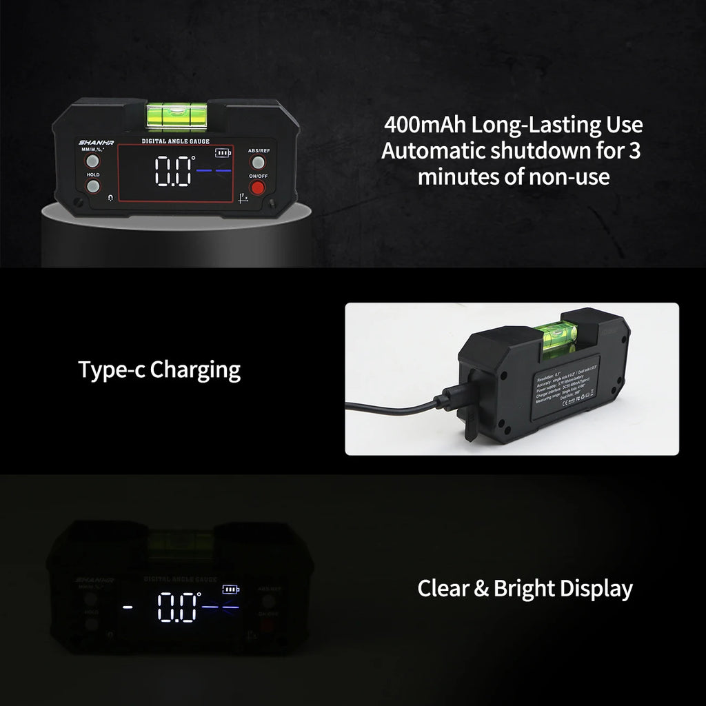 SHANHR Digital Angle Finder with Level Bubble Dual Axis Rechargable Digital Angle Gauge Magnetic Digital Level Box Protractor