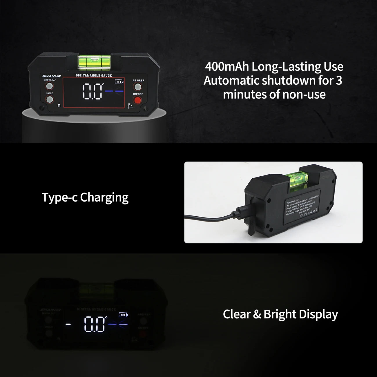 SHANHR Digital Angle Finder with Level Bubble Dual Axis Rechargable Digital Angle Gauge Magnetic Digital Level Box Protractor
