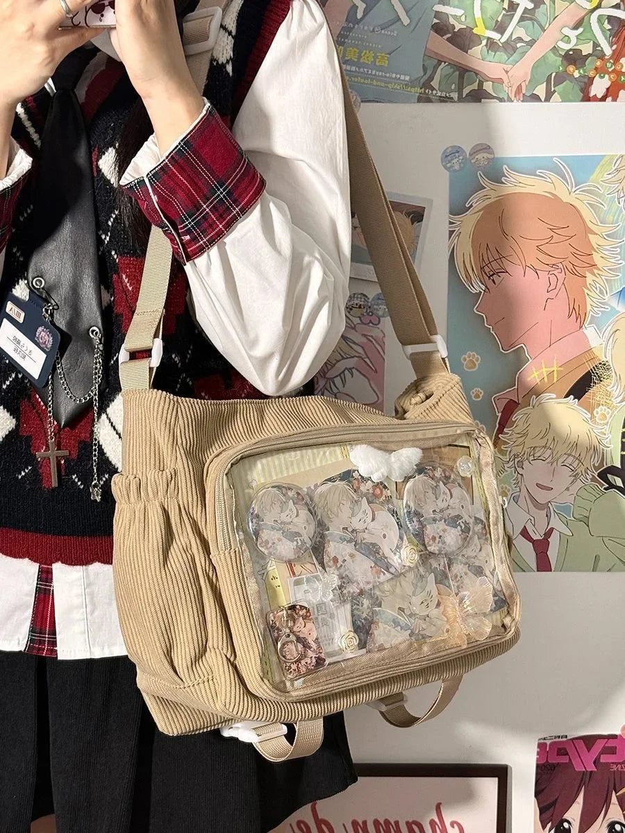 New Kawaii Itabag Winter Soft Corduroy Crossbody Bags Transparent Clear Bag Collage Student Shoulder Bag Messeger Book Bag Bolso