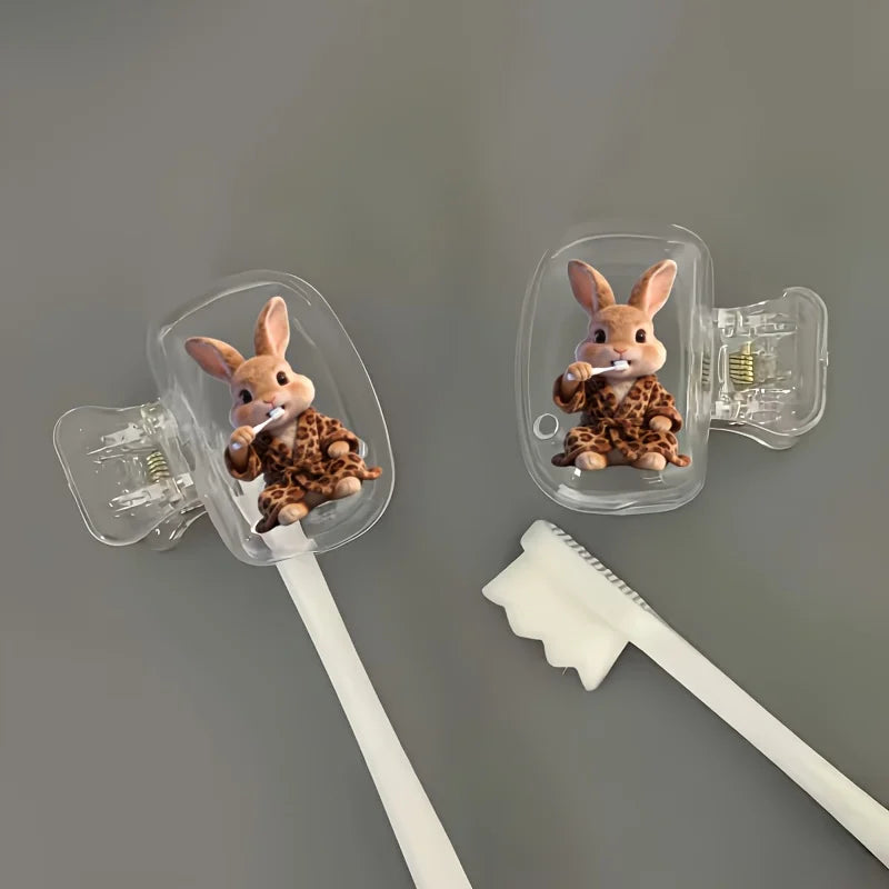 2pcs Rabbit Wearing Leopard Toothbrush Holder Clip Household Portable Travel Essential Toothbrush Cap Storage Box Holiday Gifts