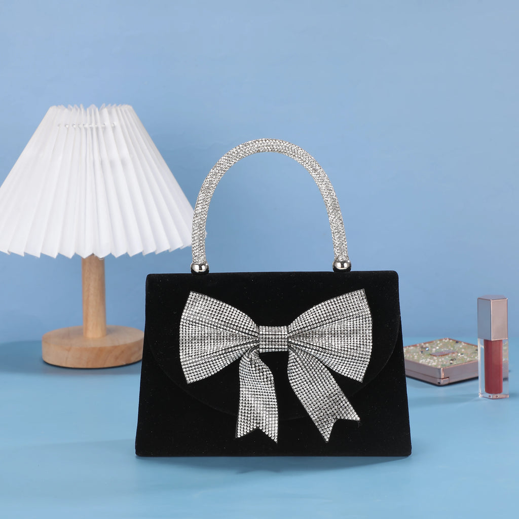 New velvet bow rhinestone handbag - luxurious evening dress bag - fashionable shoulder bag