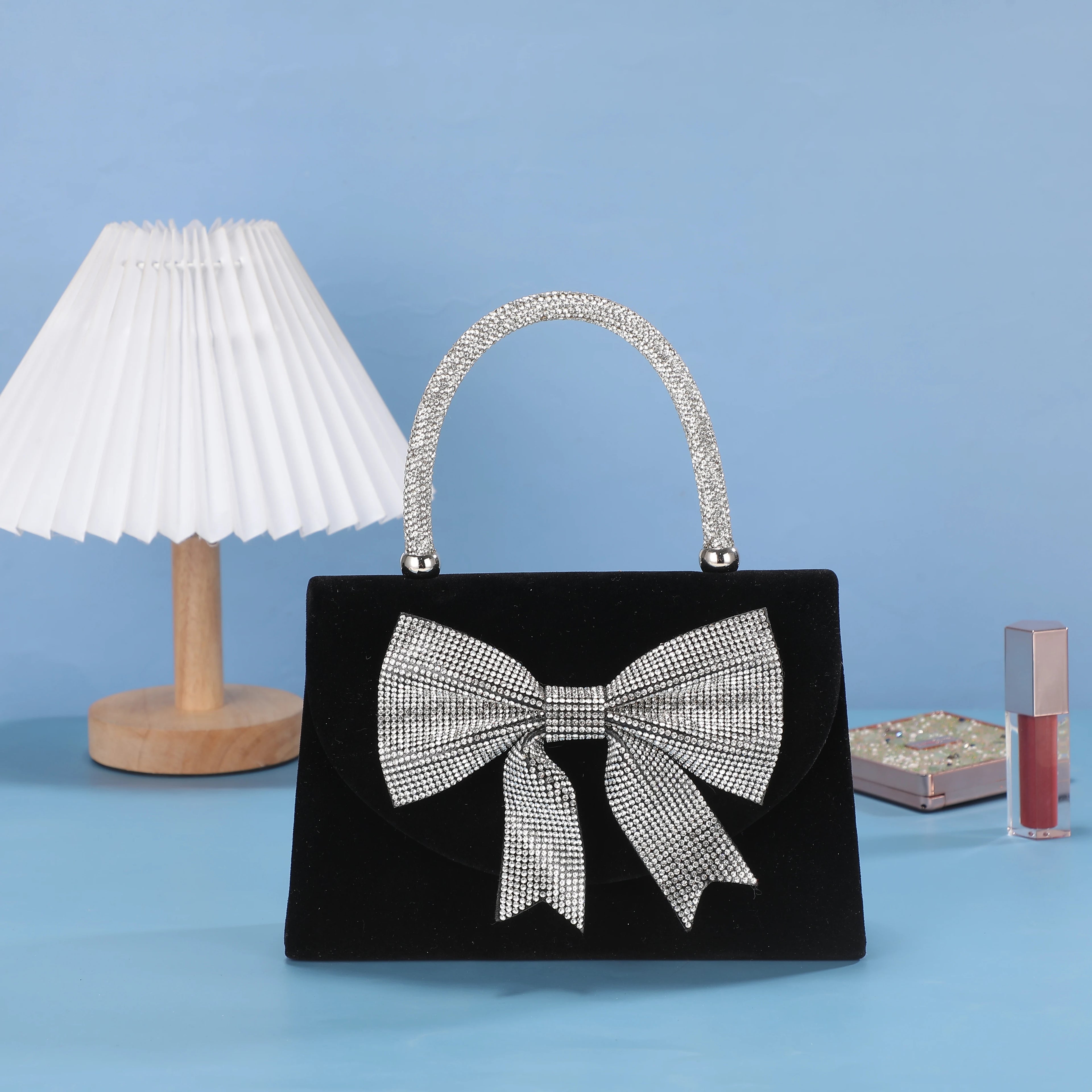 New velvet bow rhinestone handbag - luxurious evening dress bag - fashionable shoulder bag