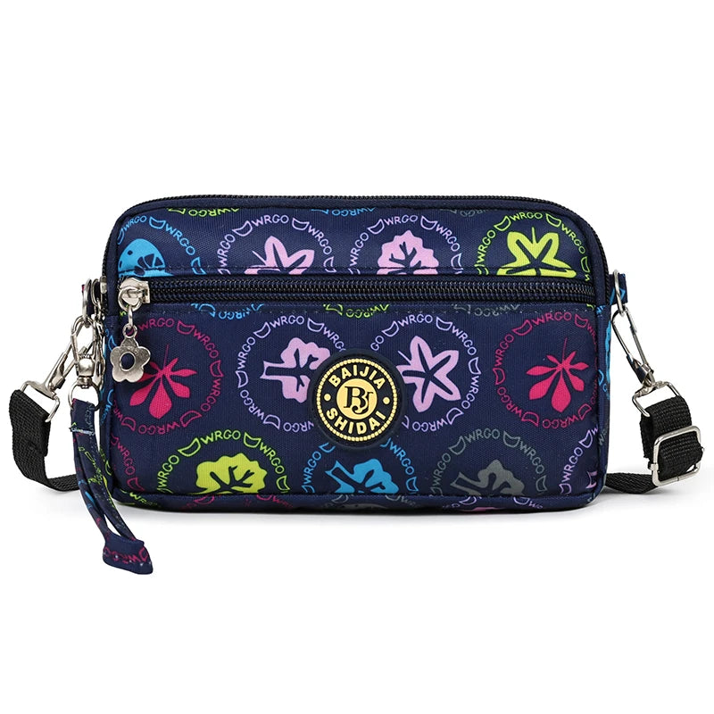 Lightweight Utility Crossbody Bag Durable Nylon Canvas Floral Print Multi Compartment Secure Zipper Women Travel Handbag