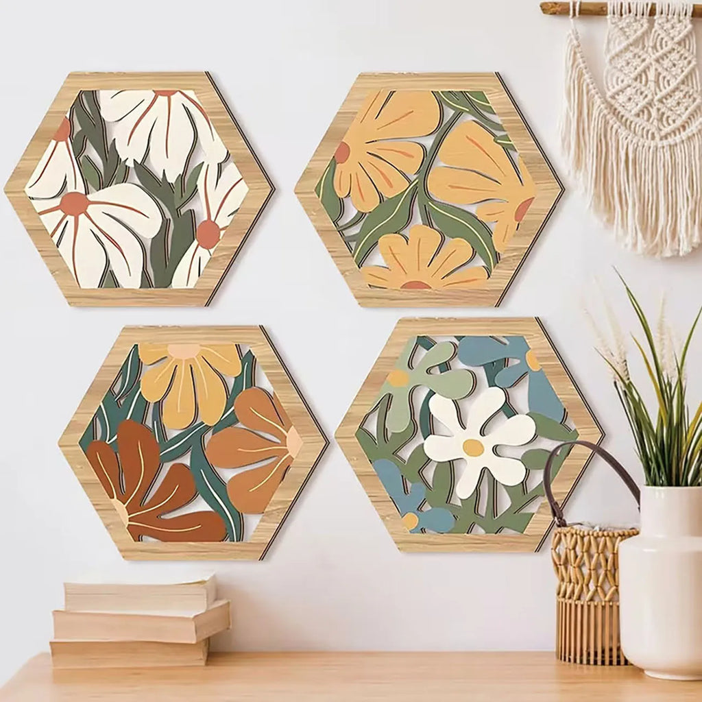 4Pcs Boho Floral Hexagon Wooden Wall Decor with Nano Tape, Boho Wall Art
