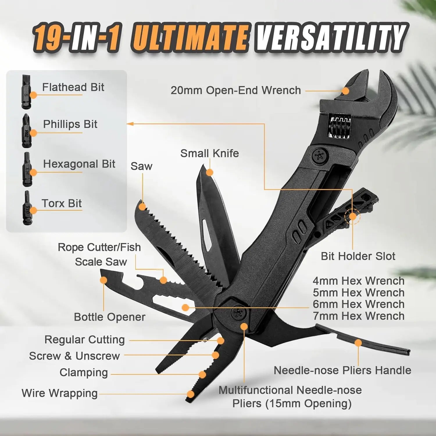 Hanboost Multitool Wrench 19 In 1 Multipurpose Camping Gear Pocket Size Adjustable Wrench with Pliers, Wire Cutter, Cutting Saw,