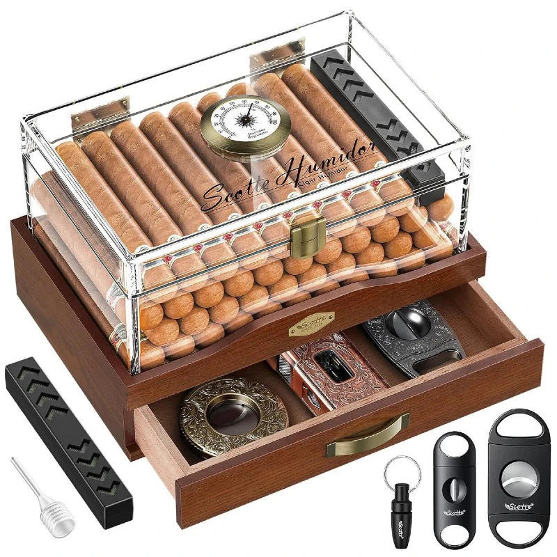 Acrylic Desktop Cigar Humidor with Hygrometer&Humidifier, Humidor Kit Include Cigar Cutter Cigar Punch Cedar Wood Piece