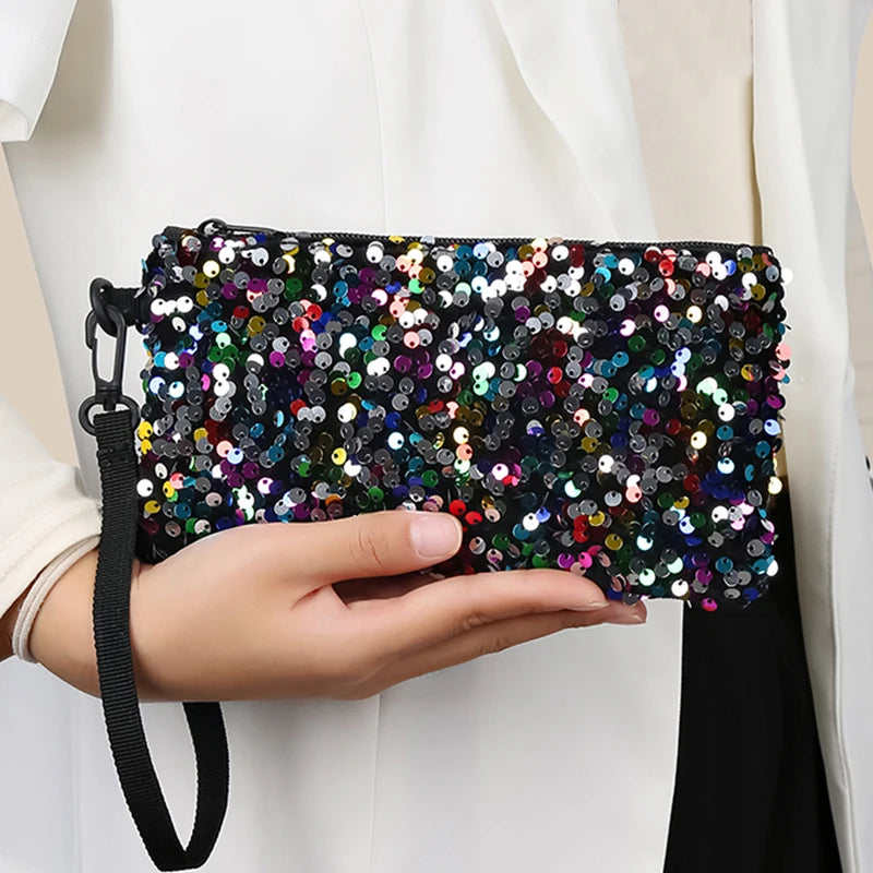 Ladies' sequined wallet handbag, long style, zipper mobile phone bag, change purse, wrist bag