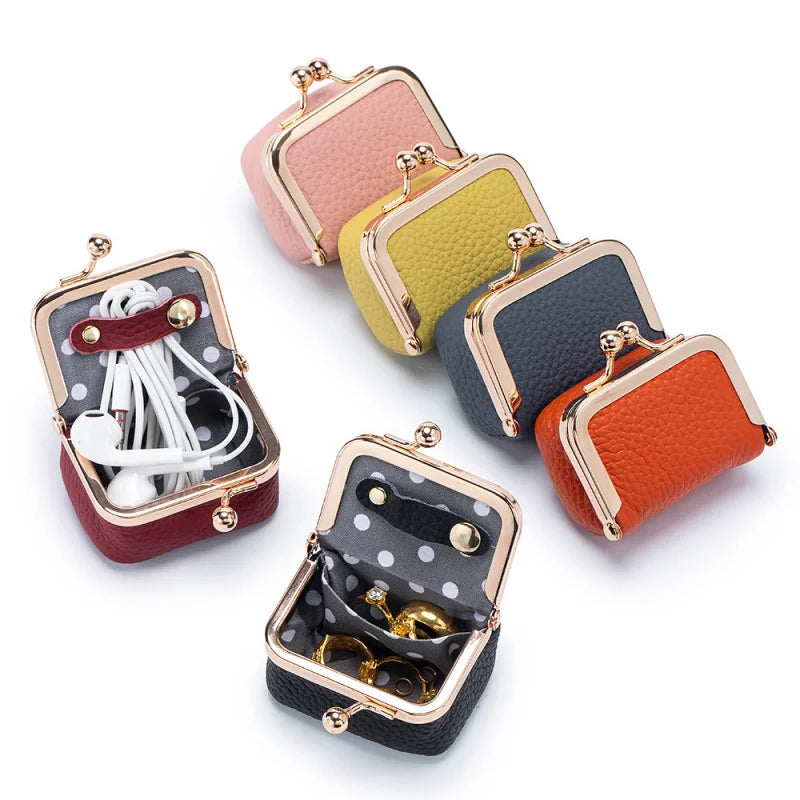 Mini Leather Coin Purse – with Gold Clasp, Small Jewelry and Earphone Pouch for Women, Cute Colorful Wallet for Daily Use