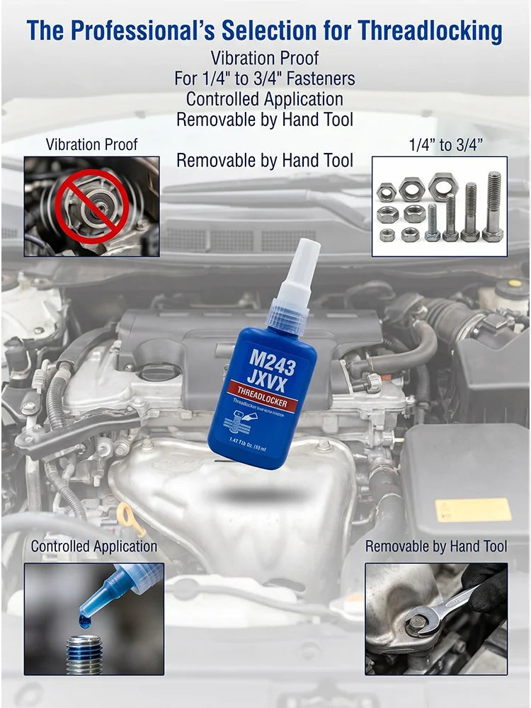 243 Blue Threadlocker, Medium Strength |   Anti-Vibration, Oil-Resistant and Easy to Disassemble, Vibration Proof Screw Adhesive, Blue Anaerobic Glue