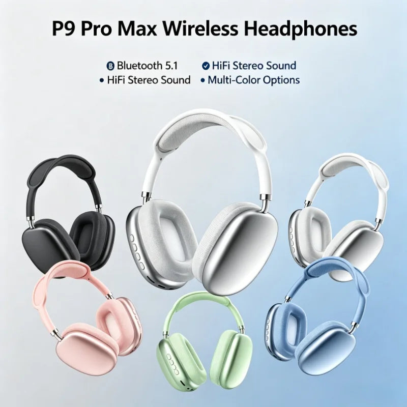 P9 Plus Max Overhead Wireless Bluetooth Earphones Noise-Canceling Long Standby Card-Slot Large Cushioned Ear Covers for Comfort