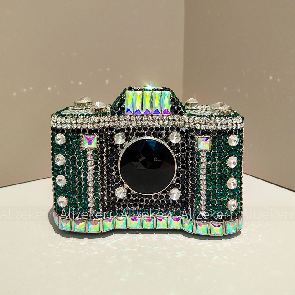 Camera Shaped Diamond Evening Clutch Bags 2024 New Boutique Novelty Metallic Rhinestone Purses And Handbags Bridal Wedding Party