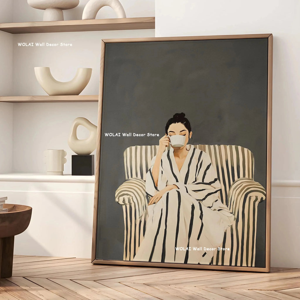 Green Abstract Figures Canvas Print with Flower Woman Minimalist Japandi Female Portrait Art Poster for Modern Living Room Decor