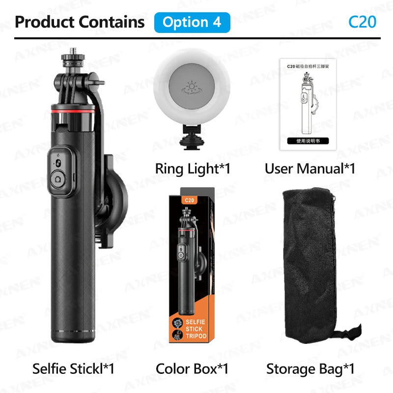AXNEN C20 Magnetic Selfie Stick Tripod Extendable for Cellphone Shooting with Remote 1/4" Thread for Action Camera Ring Light